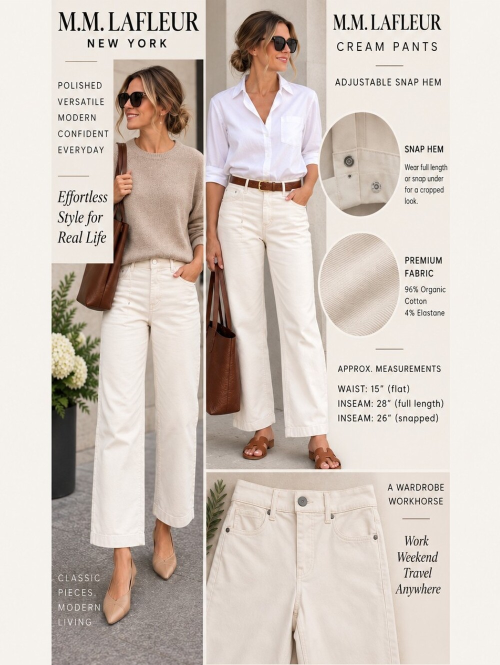 M.M.LaFleur Size 8 Cream Organic Cotton Pants Snap Cuff Adjustable Hem